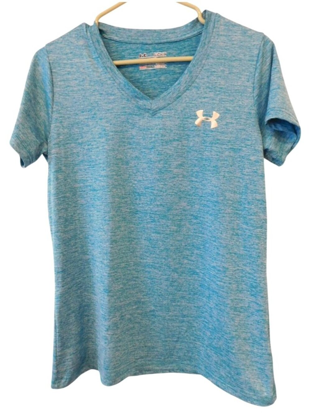 Under Armour HeatGear Womens Small Aqua Blue V Neck Loose Fit Athletic Shirt